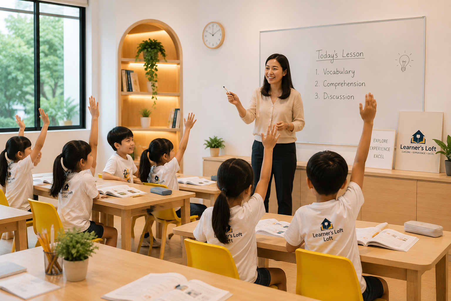 Students engaged in discussion and raising their hands during a lesson