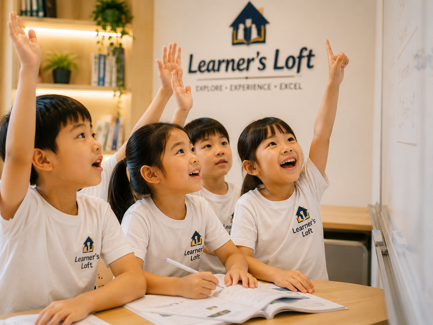 Happy, engaged students raising their hands at Learner's Loft Academy